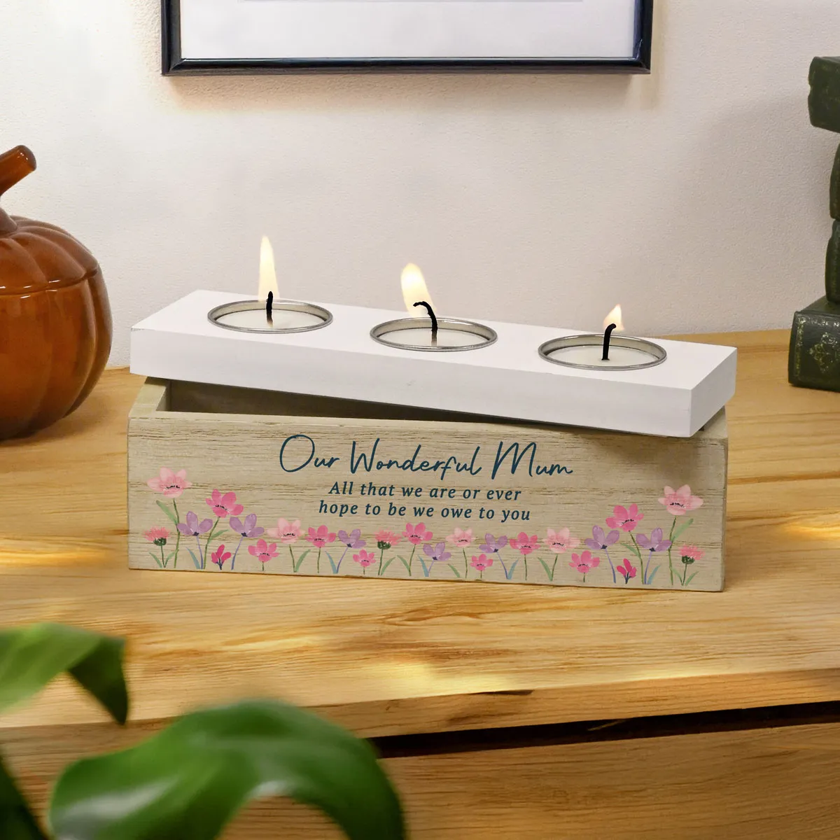 Personalised Floral Wooden Triple Tea Light Box Extra Image 1