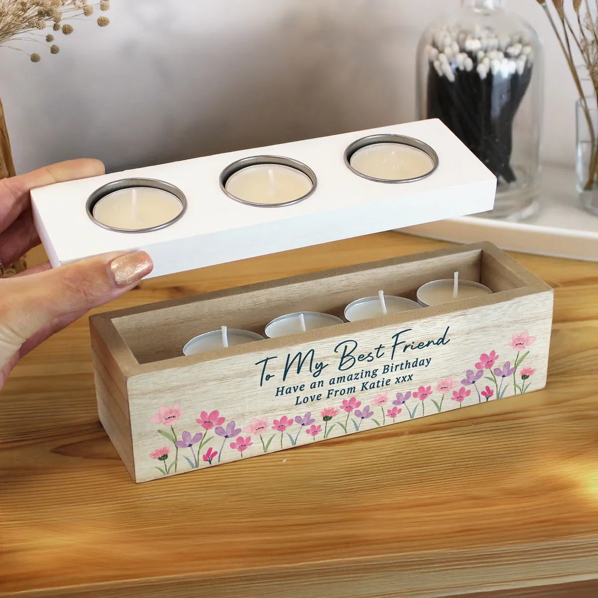 Personalised Floral Wooden Triple Tea Light Box Extra Image 2