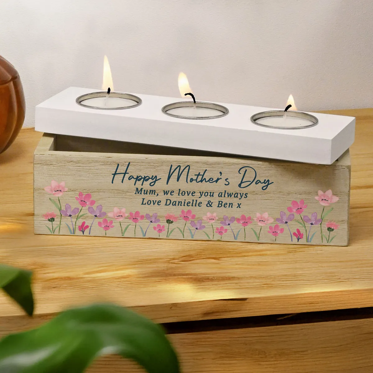 Personalised Floral Wooden Triple Tea Light Box Extra Image 3