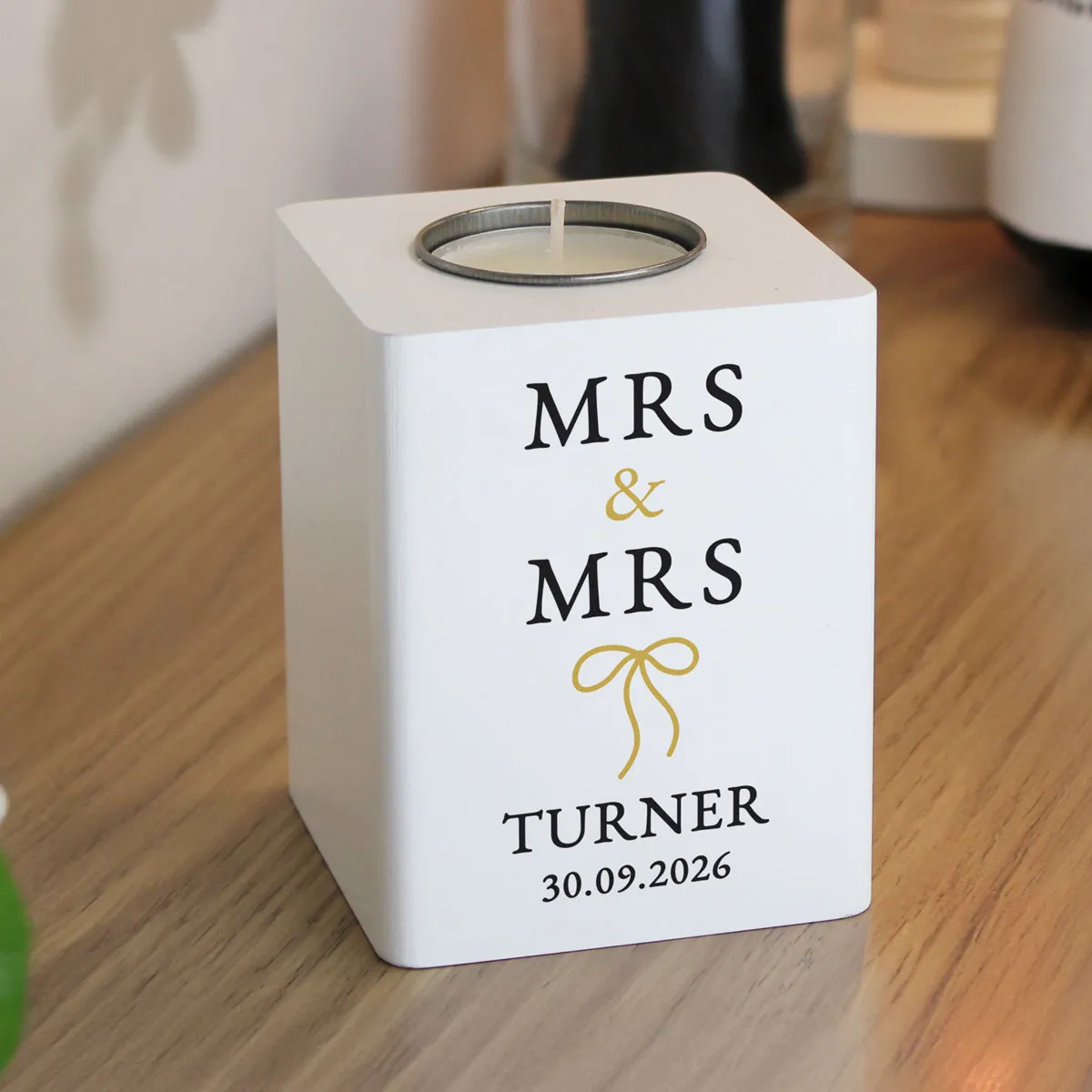 Personalised Black & Gold White Wooden Tea Light Holder Extra Image 1