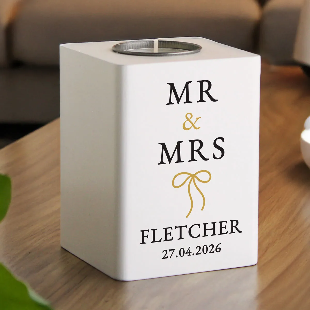 Personalised Black & Gold White Wooden Tea Light Holder Extra Image 2