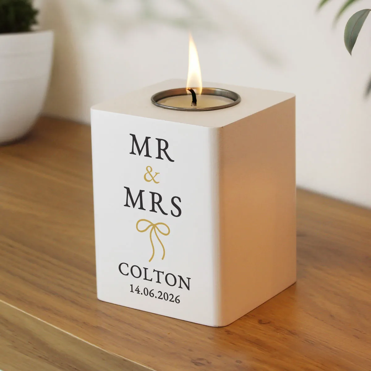 Personalised Black & Gold White Wooden Tea Light Holder Extra Image 3