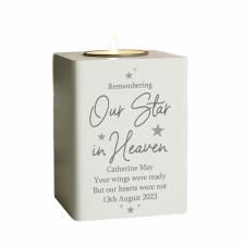 Personalised Our Star In Heaven White Wooden Tea Light Holder