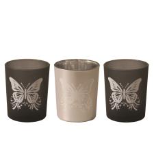 Aroma Black &amp; Silver Butterfly 3 Tealight &amp; Votive Holder Set
