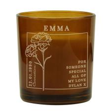 Personalised January Carnation Birth Flower Amber Glass Jar Candle