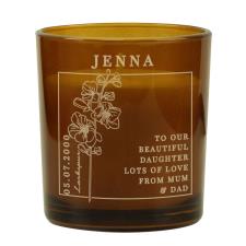 Personalised July Larkspur Birth Flower Amber Glass Jar Candle