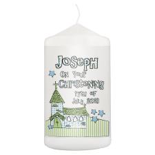 Personalised Blue Church Pillar  Candle