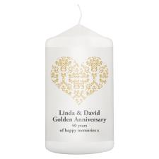 Personalised Gold Damask Heart Pillar Candle