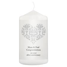 Personalised Silver Damask Heart Pillar Candle