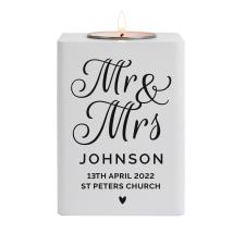 Personalised Mr &amp; Mrs White Wooden Tea Light Holder