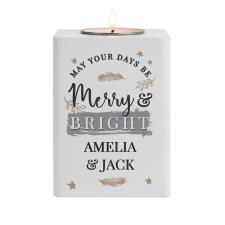 Personalised Merry &amp; Bright White Wooden Tea Light Holder