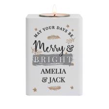 Personalised Merry & Bright White Wooden Tea Light Holder