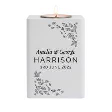 Personalised Floral Leaf White Wooden Tea Light Holder