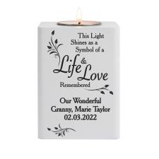 Personalised Life &amp; Love White Wooden Tea Light Holder