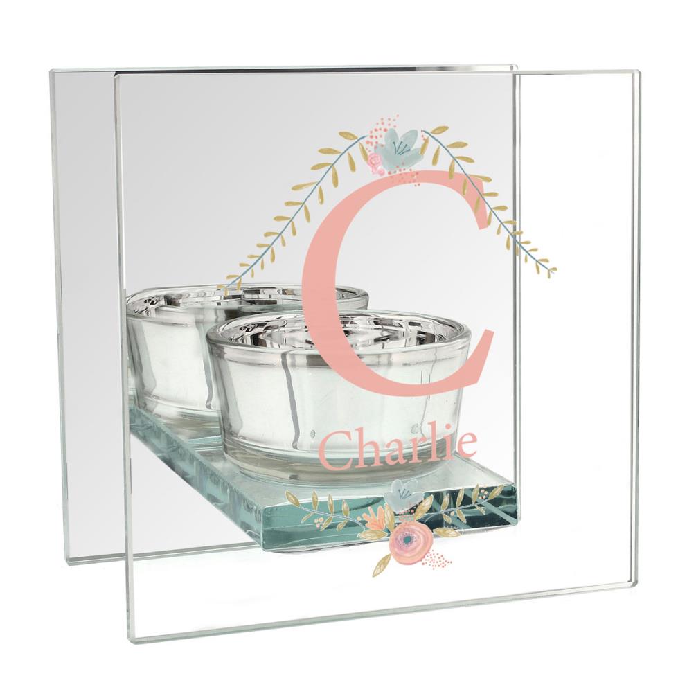 Personalised Floral Bouquet Mirrored Glass Tea Light Candle Holder 