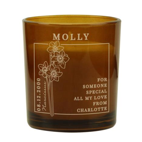 Personalised December Narcissus Birth Flower Amber Glass Jar Candle