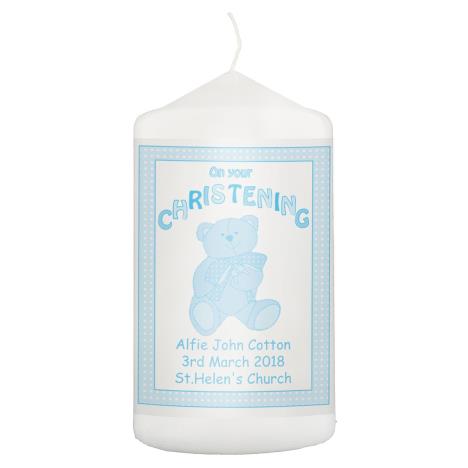 Personalised Teddy Blue Christening Pillar Candle  £8.99