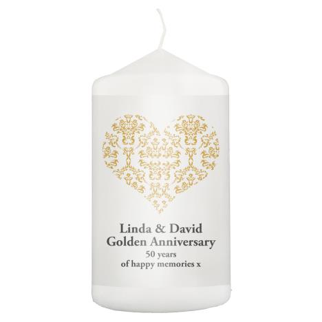 Personalised Gold Damask Heart Pillar Candle