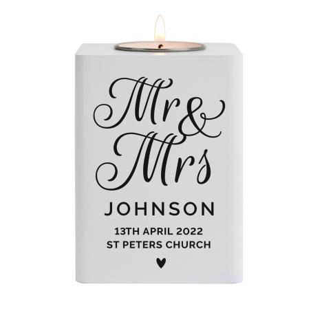 Personalised Mr &amp; Mrs White Wooden Tea Light Holder