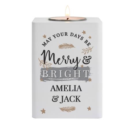 Personalised Merry &amp; Bright White Wooden Tea Light Holder