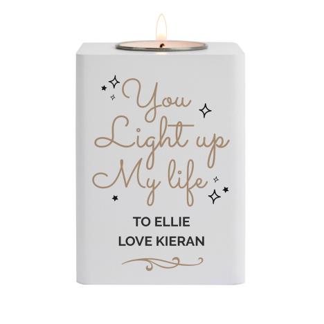 Personalised Light Up My Life White Wooden Tea Light Holder