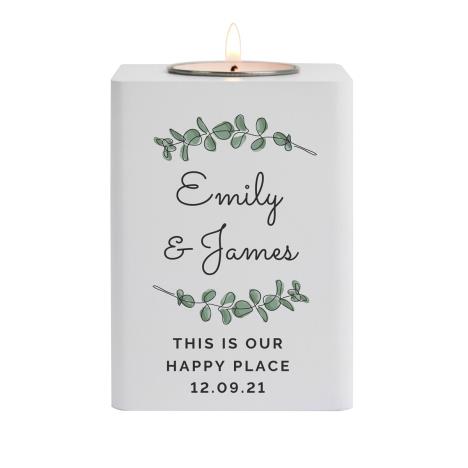 Personalised Botanical White Wooden Tea Light Holder